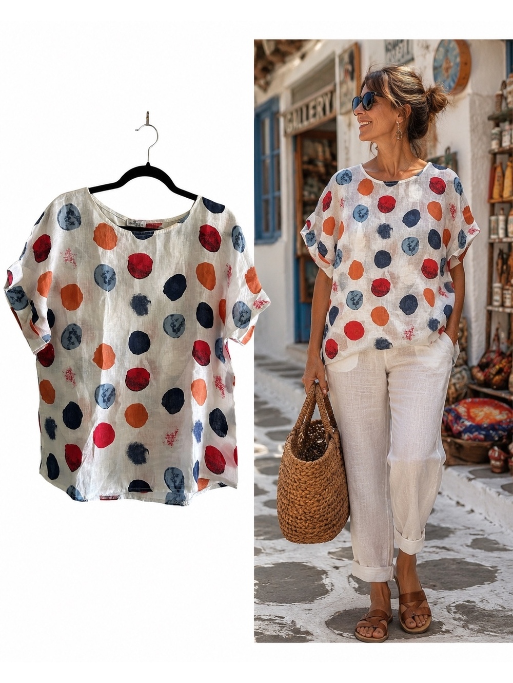 Pure Venice by Estenelle Made in Italy 100% Linen Oversized Polka Dot Top M